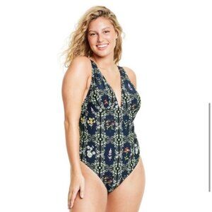 Agua Bendita x Target Floral Tile Cheeky One Piece Swinsuit 1X Bathing Suit Navy